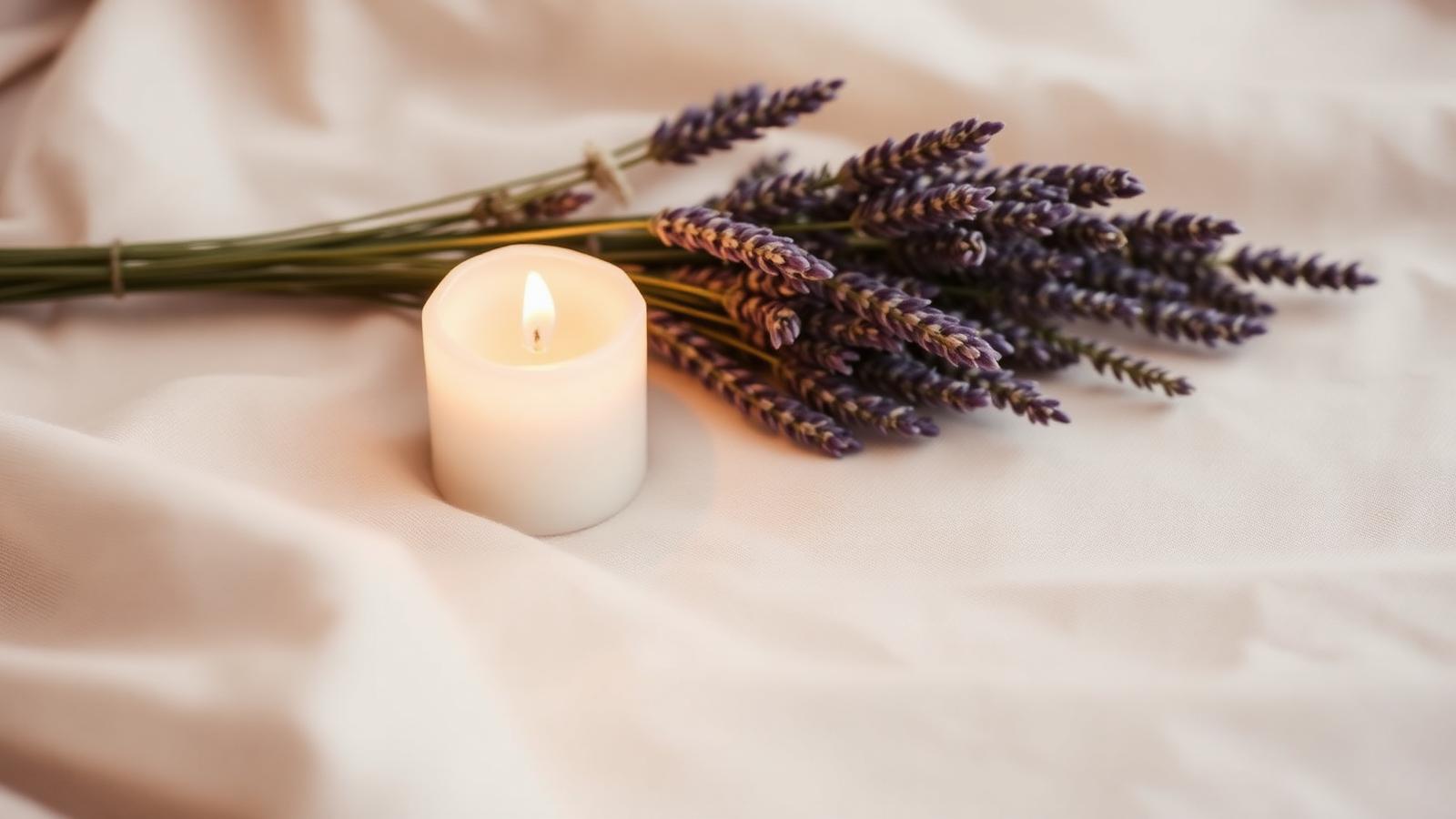 A single lit candle beside dried lavender