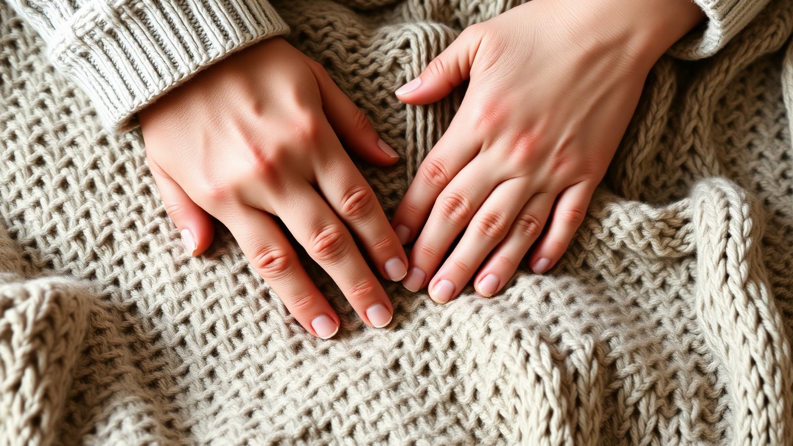 Two pairs of hands resting together on a knit blanket