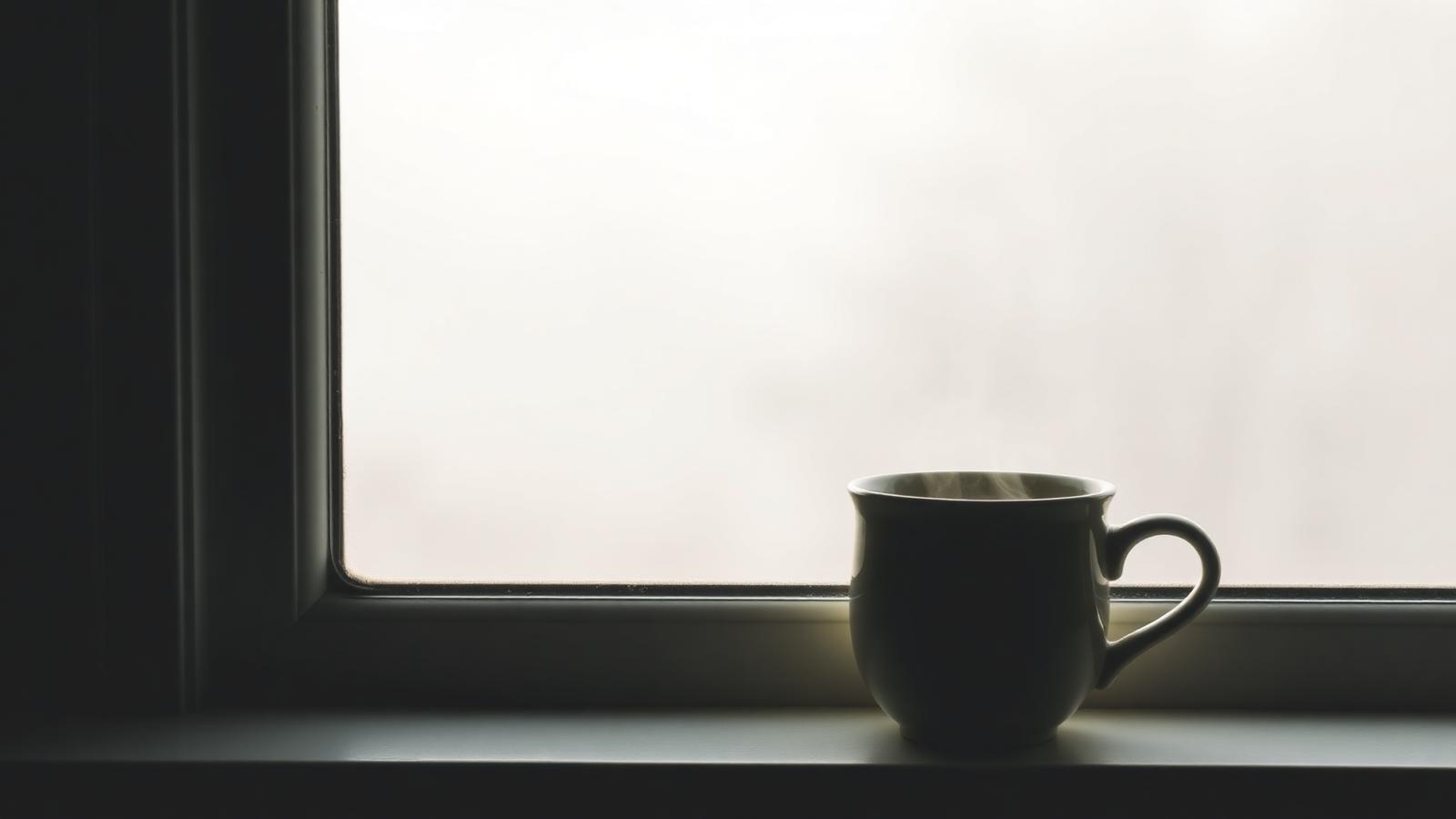 A warm cup of tea on a windowsill in the morning mist
