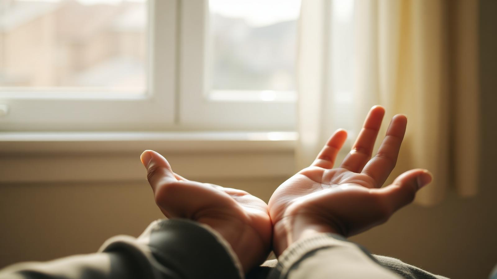 Open hands resting calmly in soft window light