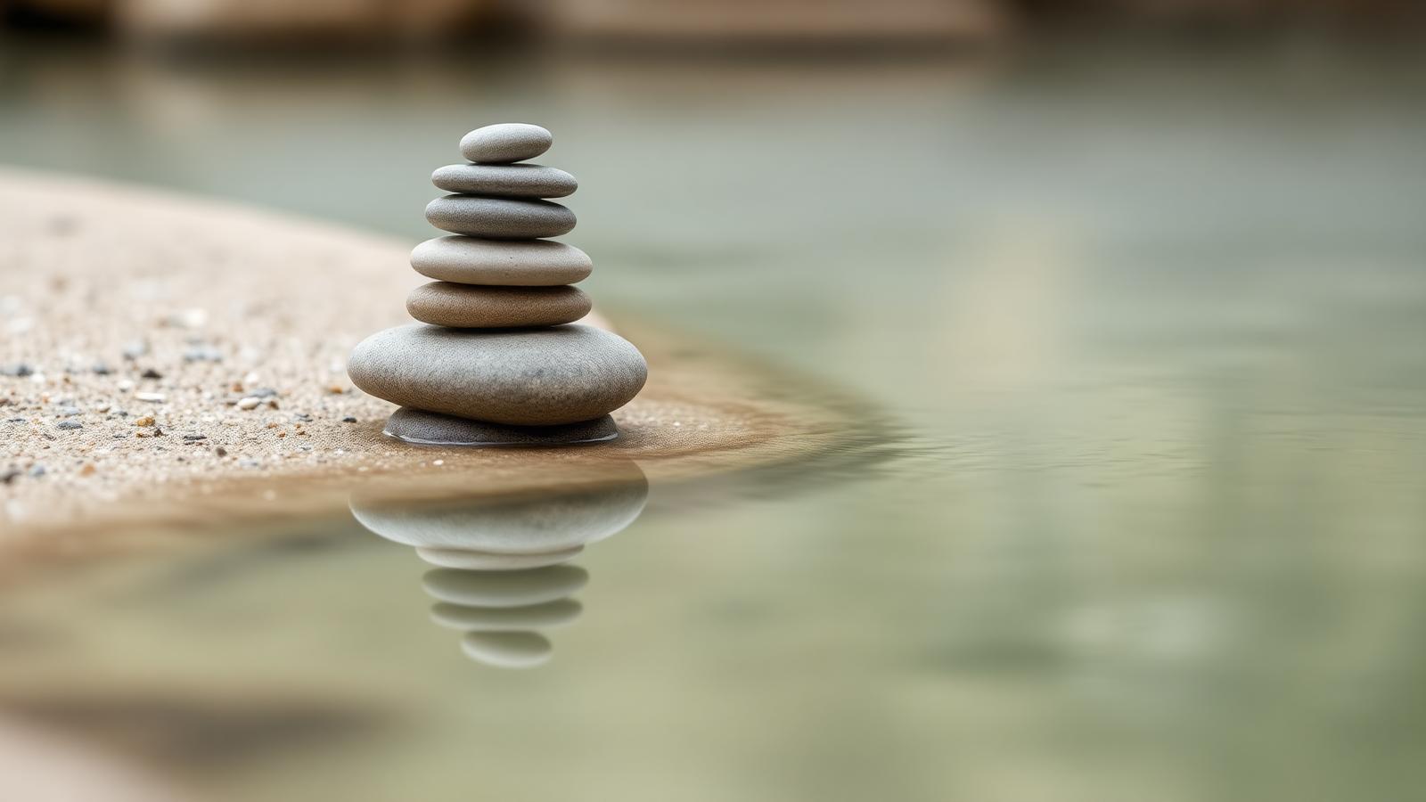 Balanced stones resting beside still water